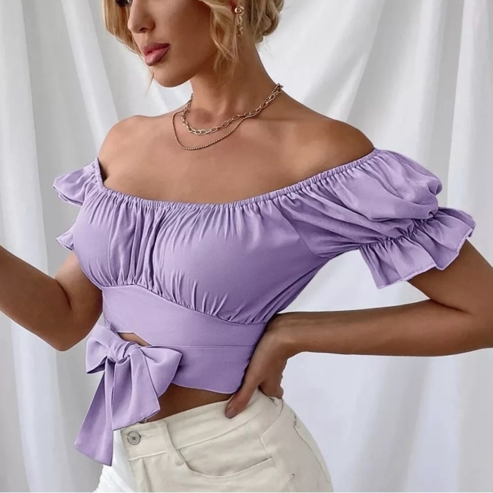 Purple Off Shoulder Wrap
Around Tie Ruched Bust Puff
Sleeve Crop Top Sz S - Picture 2 of 7